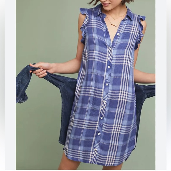 CLOTH & STONE ANTHROPOLOGIE Blue Plaid Sleeveless Shirt Dress SIZE XS - Picture 1 of 9